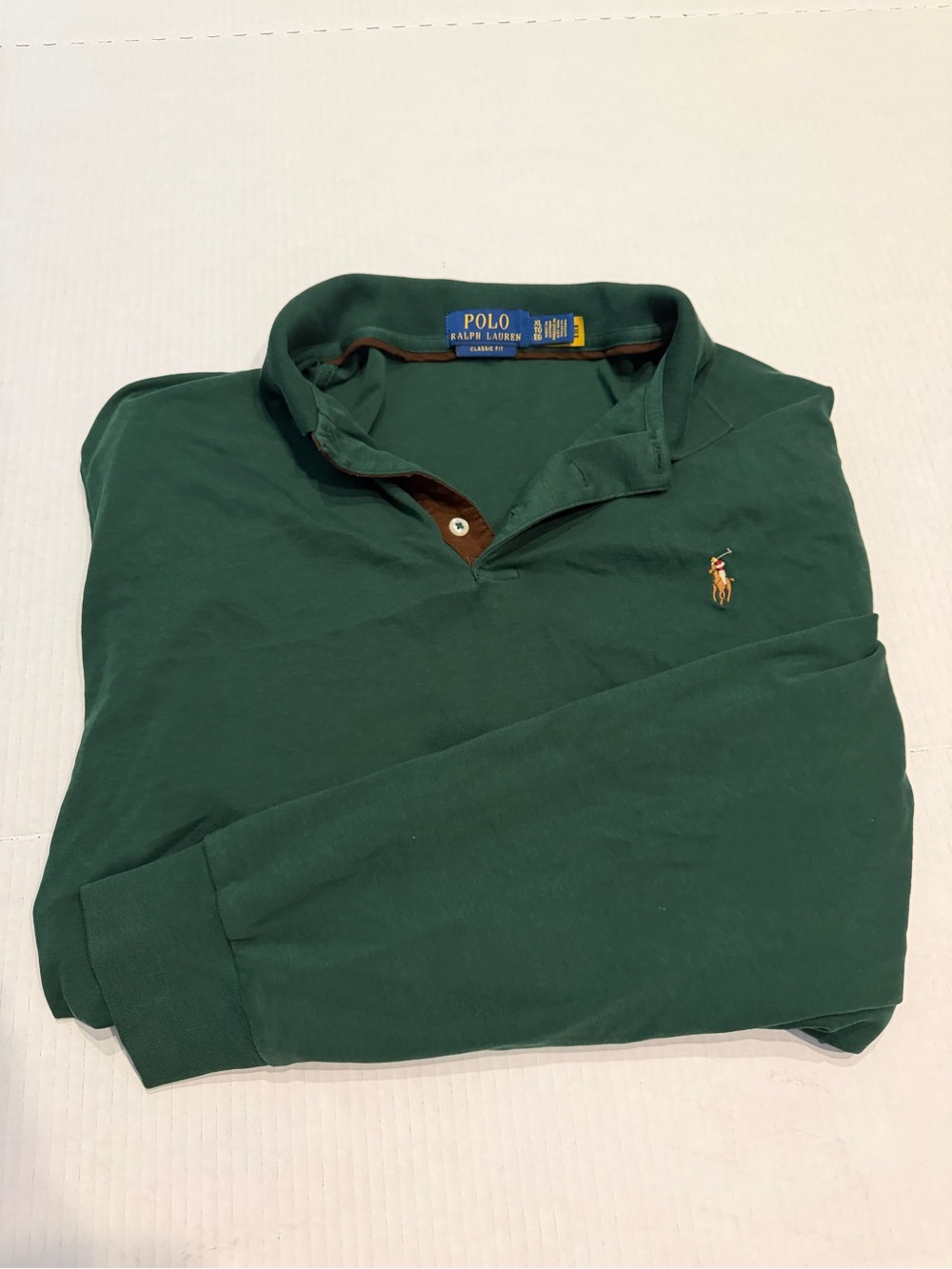 Ralph Lauren Green Long-Sleeve Polo Rugby Shirt with Brown Trim